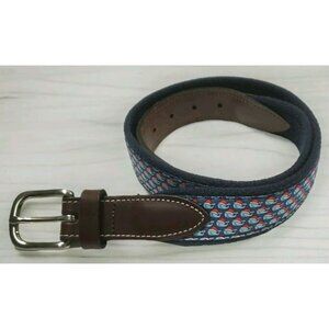 Vineyard Vines Santa Whale Belt Boys 26 Blue Canvas Brown Leather Christmas Hat